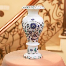12&quot; White Marble Flower Lapis Lazuli White Vase Blue Elegant Design - £3,005.64 GBP