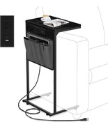C Shaped End Table With Charging Station, Small Couch Side Table, Eboniz... - $58.38 CAD