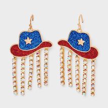 Americana Cowboy Hat Rhinestone Drop Earrings Red White Blue - €14,67 EUR