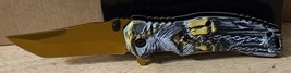 Grim Reaper Gothic Skull Horror Scary Spring Assisted Knife Belt Clip Gold - £11.99 GBP