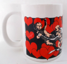 Rare Vintage LINYI Coffee Cup Mug Valentine&#39;s Cherubs Red Hearts Angels - £19.54 GBP