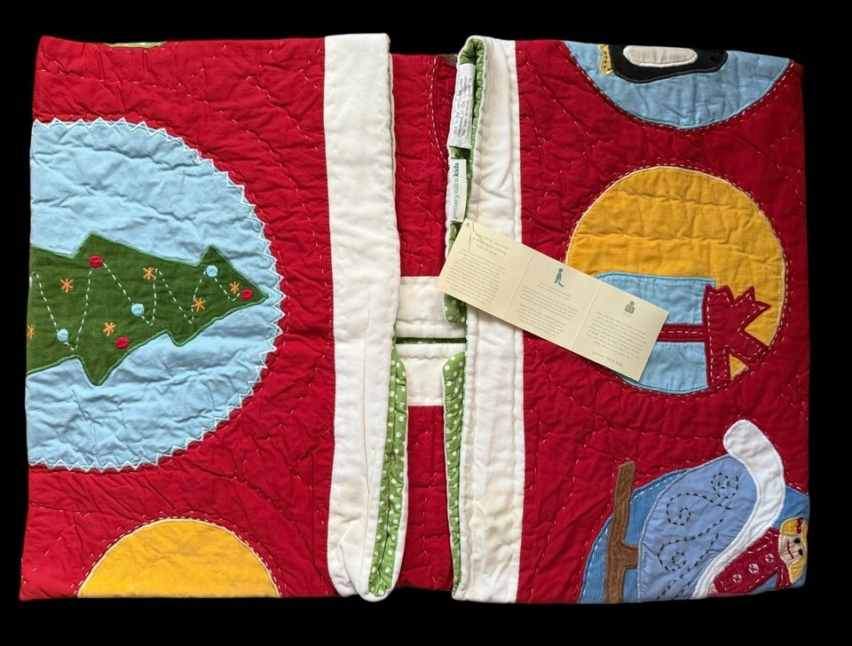 VTG Pottery Barn Kids Embroidered Velvet Christmas Santa Snowman Quilt 49x36” Item image 3