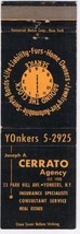 Matchbook Cover Joseph A Cerrato Insurance Agency Yonkers New York - $0.98