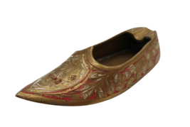 Vintage brass engraved floral shoe ashtray made in India pink enamel acc... - $9.99