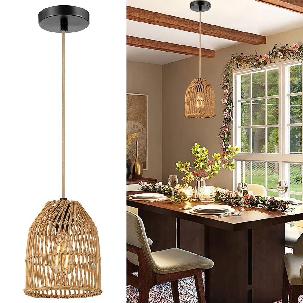 Bamboo Weave Rope Lampshade Lighting Fixtures Rustic Decor Hanging Lamp ... - $40.80+