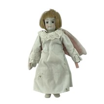 Porcelain Angel Doll Blonde Rosy Cheeks Eyelet Dress Pink Wings 7&quot; H - £15.51 GBP