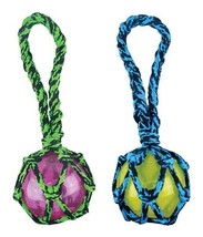 Dog Toy Paracord Rope Tug &amp; Ball Tough Squeaky Fetch Chew Pick Blue or Green 11&quot; - £15.78 GBP+