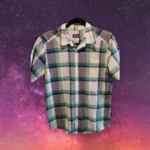 Patagonia Men&#39;s Small Organic Cotton White Blue Green Plaid Button Up Sh... - $22.27