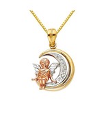 Genuine 14k Tri-Tone Gold 0.70&quot; CZ Angel and Moon Pendant Necklace 16&quot; t... - $11,545.27 MXN+