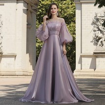 Beautiful New O Neck Long Evening Dress With Puffy Sleeves Pink A Line Lace Vint - £320.77 GBP