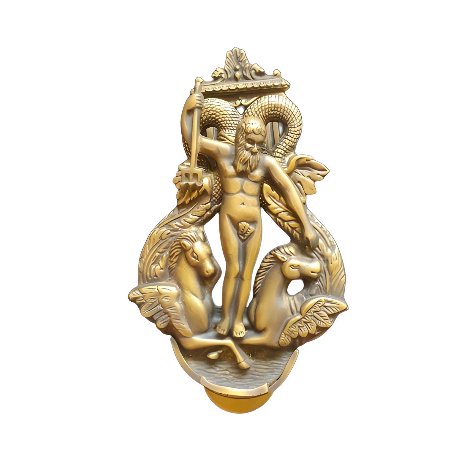 Vintage POSEIDON Sculpture Brass Door Knocker Earrings 9&quot; Antique Ring D... - $115.00