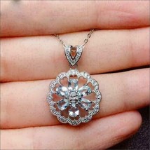 3.60CT Oval Cut CZ Aquamarine Halo Pendant 14K White Gold Plated - 925 Silver - £89.86 GBP