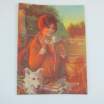 Vintage Gene Pressler Print 1920s Young Lady with Books White Dog Drink at Well - £23.97 GBP