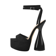 Women Peep Toe Sandals Black Flock Platform Ankle Strap High Heel Shoes Female B - £99.79 GBP