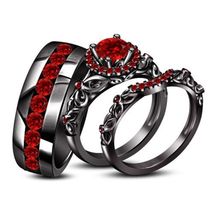 14k Black Gold Finish 1CT Red Garnet His &amp; Her Trio Wedding Ring Set - £67.46 GBP