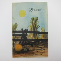 Antique Postcard Autumn Fall Harvest Corn Pumpkin Fence Shucks! Pun Lima Ohio - £7.85 GBP