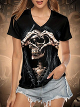 Women T-Shirt V Neck Skull Love Gothic - Size Large Casual Short Sleeve ... - £21.22 GBP
