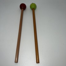 2 Vintage Wooden Pencils With Wooden Apple Toppers - $6.99