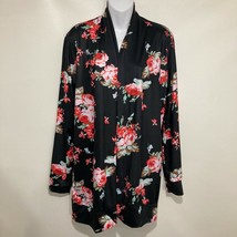 Ecowish Womens M Boho Long Sleeve Wrap Cardigan Jacket Black w Roses NEW - £21.81 GBP