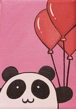 PANDA RED BALLOONS Hand painted art canvas 16”X20”Acrylic painting Black &amp; White - £47.47 GBP