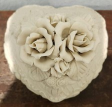 Vintage Ivory Bisque Heart Porcelain 3D Flowers ~ Capodimonte Style Trinket Box - $23.66