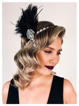 1920s Feather Headpiece Black Womens Ostrich Feather Crystal Headband Great Gats - £35.67 GBP