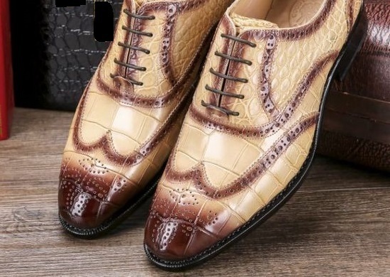 Men,s Handmade Leather Shoes, Formal Crocodile Texture Leather Men Beige Shoes 2