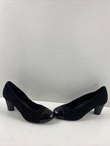 Chanel Black Suede Patent Cap Toe Block Heel Slip On Pumps Women’s Size 35 - £227.44 GBP