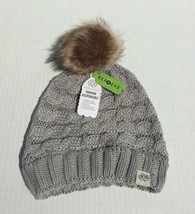 Winter Knit Beanie Hat Skull Cap Solid Gray With Camel Faux Fur Pom Recy... - £12.77 GBP