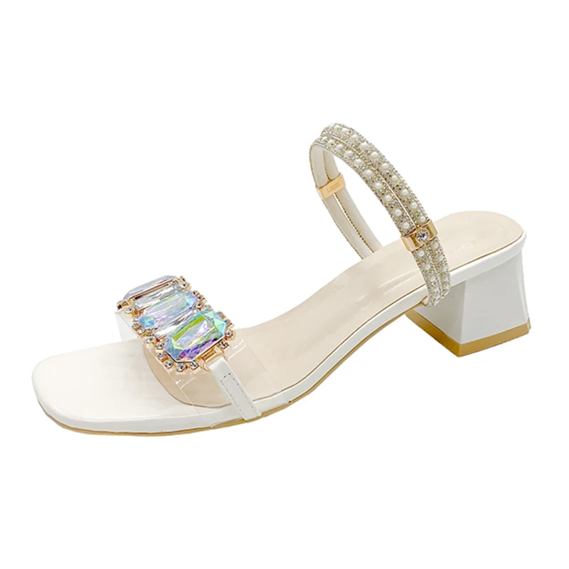 Rimocy Fashion Rhinestone Sandals for Women  2024 Square Heels Open Toe Slippers - £63.19 GBP