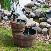 Outdoor 2-Tier Solid Wood Whisky Barrel Waterfall Fountain with Electric... - $196.01