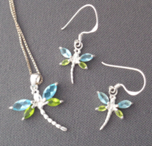 Sterling Silver Crystal DRAGONFLY Pendant Necklace &amp; Earrings SET Blue Green - £22.32 GBP