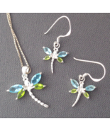 Sterling Silver Crystal DRAGONFLY Pendant Necklace &amp; Earrings SET Blue G... - £21.89 GBP