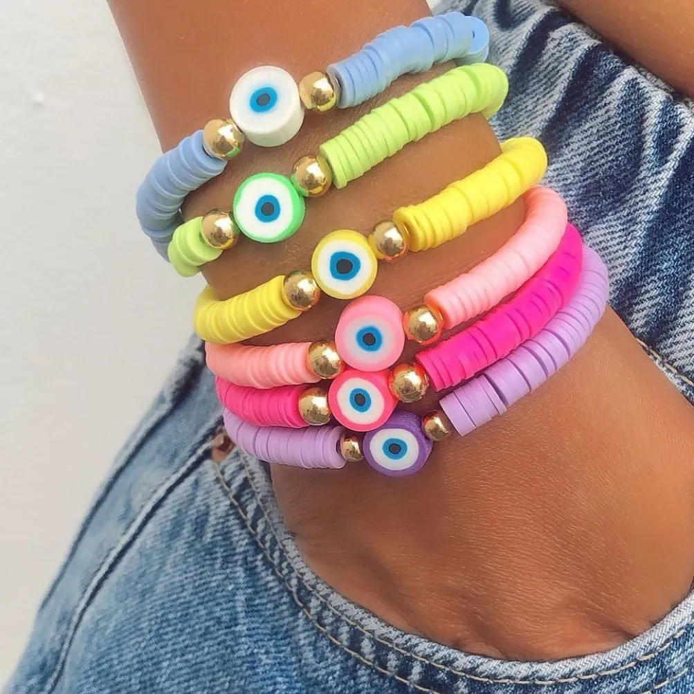 6 Pcs Multicolor Evil Eye Heishi Bracelet Set Summer Beach Jewelry Soft Polymer  - £16.55 GBP