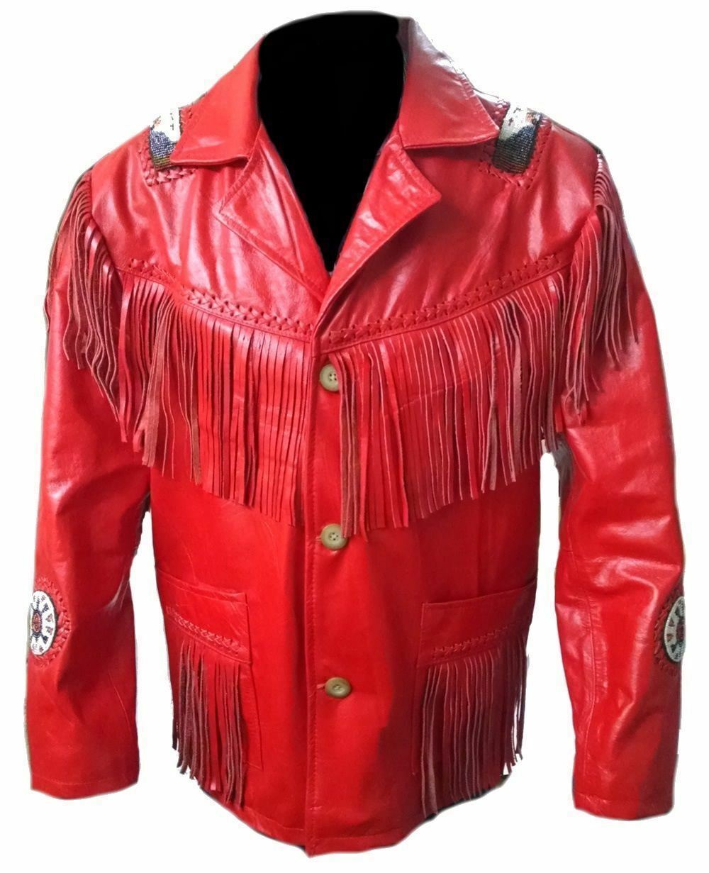 Men's Western Style Red Fringes Bead Patches Genuine Cowhide Leather Jacket