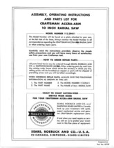 Craftsman 113.29411  Accra-Arm 10 inch Radial Saw Instructions - £15.13 GBP