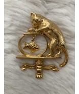 Vintage Avon Curious Cat Dangling Fish Bowl Estate Gold Tone Brooch Pin - $19.79