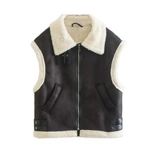 TRAF Women Vest 2022 Autumn Winter Stitching LambsImitation Leather Vest Coat Vi - £74.16 GBP