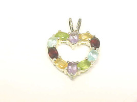 HEART PENDANT with Genuine Multi-Gemstones in Sterling Silver-Vintage an... - $95.00