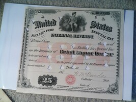 Original 1875 United States IRS Retail Liquor Dealer Tax Certificate - $44.61 CAD