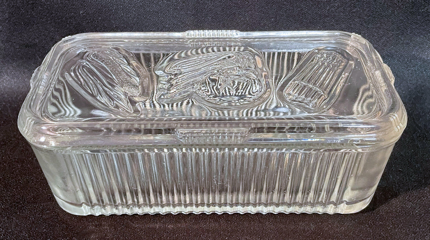 Primary image for FEDERAL GLASS VEGETABLE PATTERN REFRIGERATOR DISH w/LID & RIBBED SIDES