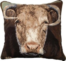 Throw Pillow Needlepoint Ralph the Bull 20x20 Coffee Brown Cotton Velvet Wool - £247.76 GBP