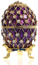Faberge Egg Shaped Trinket Box Hinged Jewelry Ring Holder With Crystals Purple - £18.85 GBP