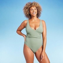 Women&#39;S Ribbed Plunge Twist-Front One Piece Swimsuit - Green L - £11.85 GBP