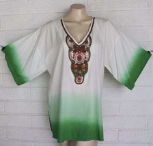 New Chico&#39;s Size 1 M Tropic Emerald White Ombre Beaded Kurta Tunic Top - £31.54 GBP