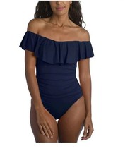 La Blanca  Island Goddess Off-Shoulder Tummy-Control Swimsuit Blue Size 16 - £48.60 GBP