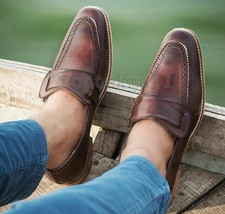Handmade Men&#39;s Leather Brown Stylish Moccasins Loafers &amp; Slip On Formal Shoes-37 - £191.39 GBP