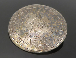 MEXICO 925 Silver - Vintage Etched Mayan Aztec Sun Calendar Brooch Pin - BP5462 - £76.05 GBP