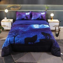 Blue Wolf Bed Set Twin 5 Piece Wolf Howling Twin Size Comforter Set(Twin, Lonely - £67.93 GBP