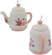 Kurt Adler Set Of 3 Hand Painted Porcelain Pink &amp; Lavender Teapot Xmas Ornaments - £17.99 GBP